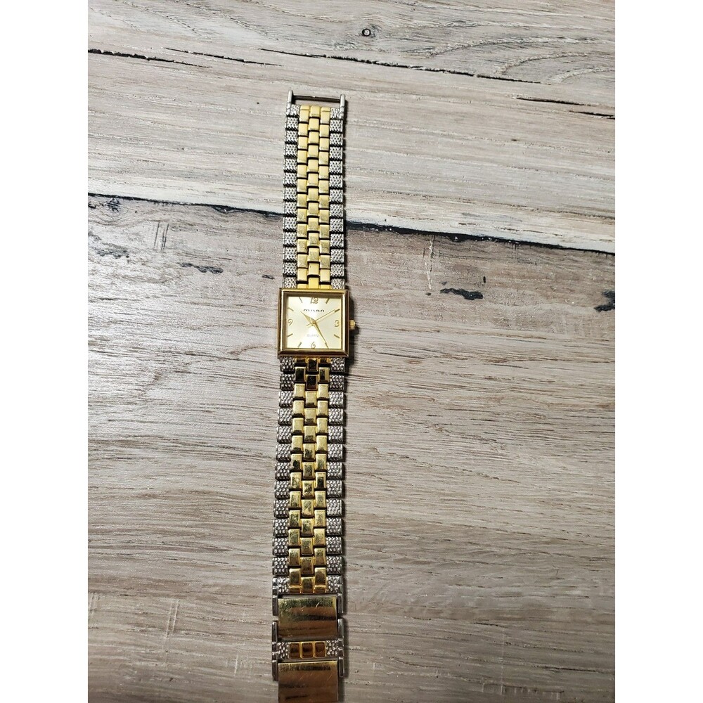 Vintage Milan Square Quartz Watch Two-Tone Gold Silver Textured Bracelet Band